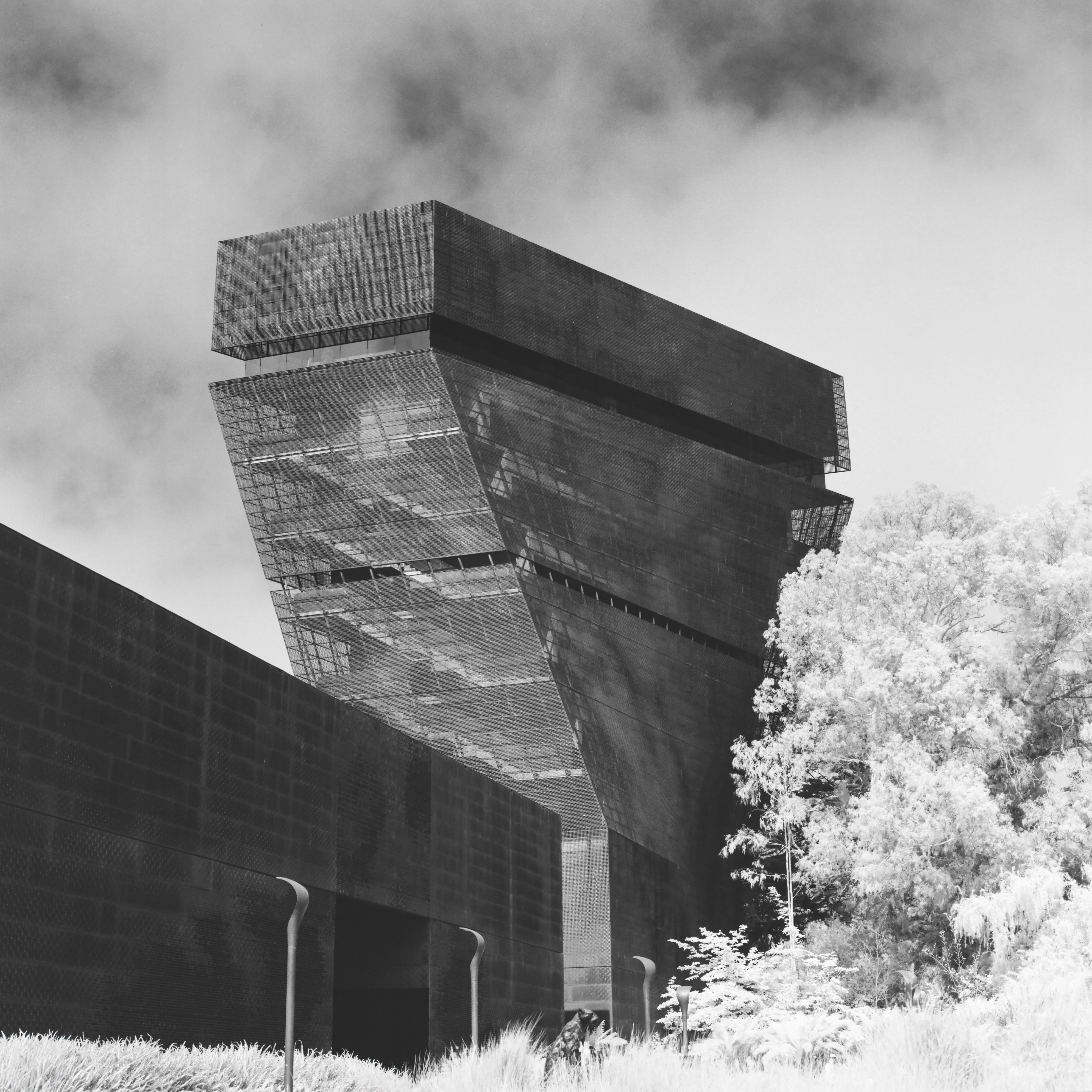 de Young Museum twisted tower, San Francisco, infrared black and white