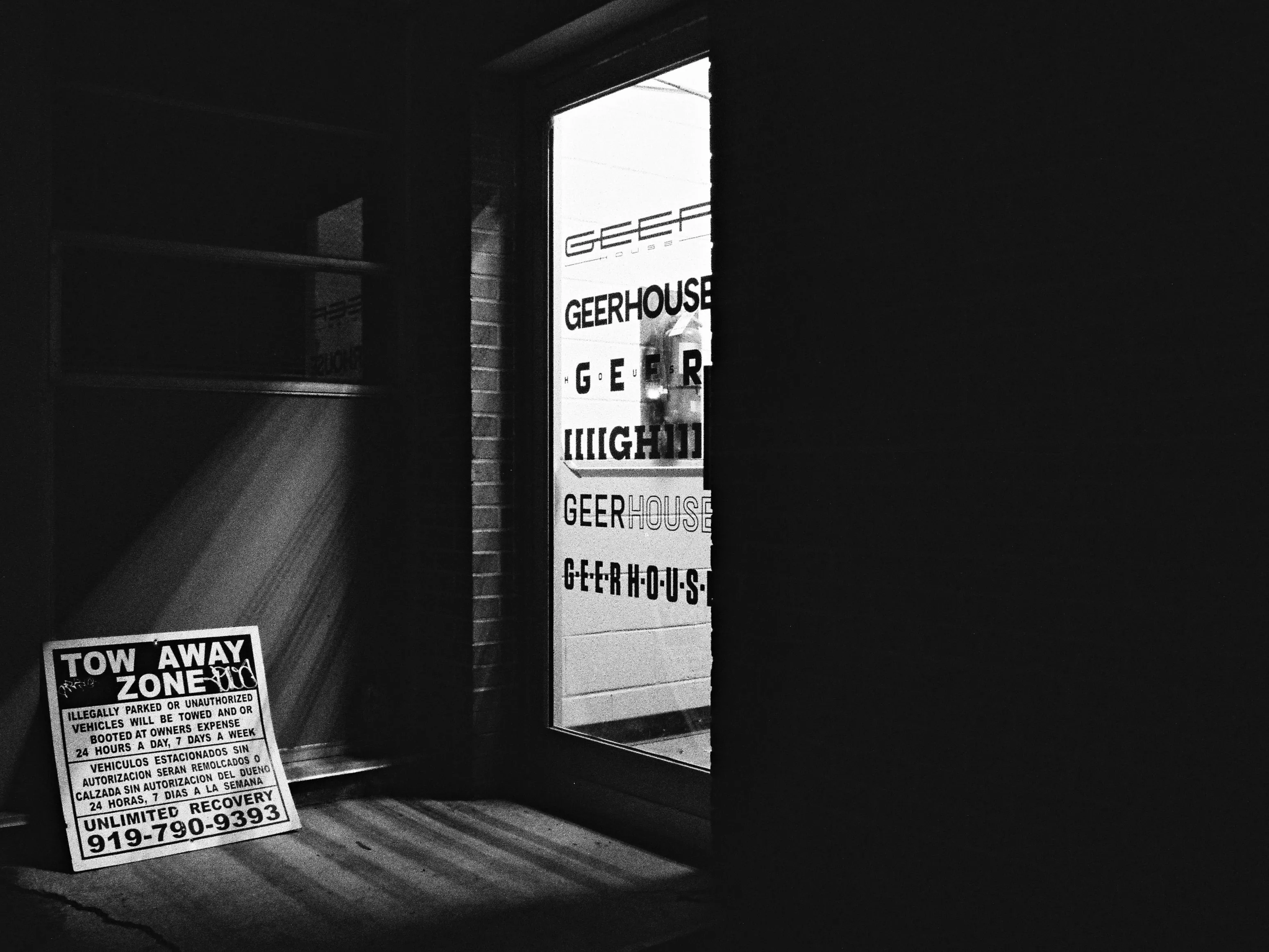 GeerHouse storefront with Tow Away Zone sign, Durham NC
