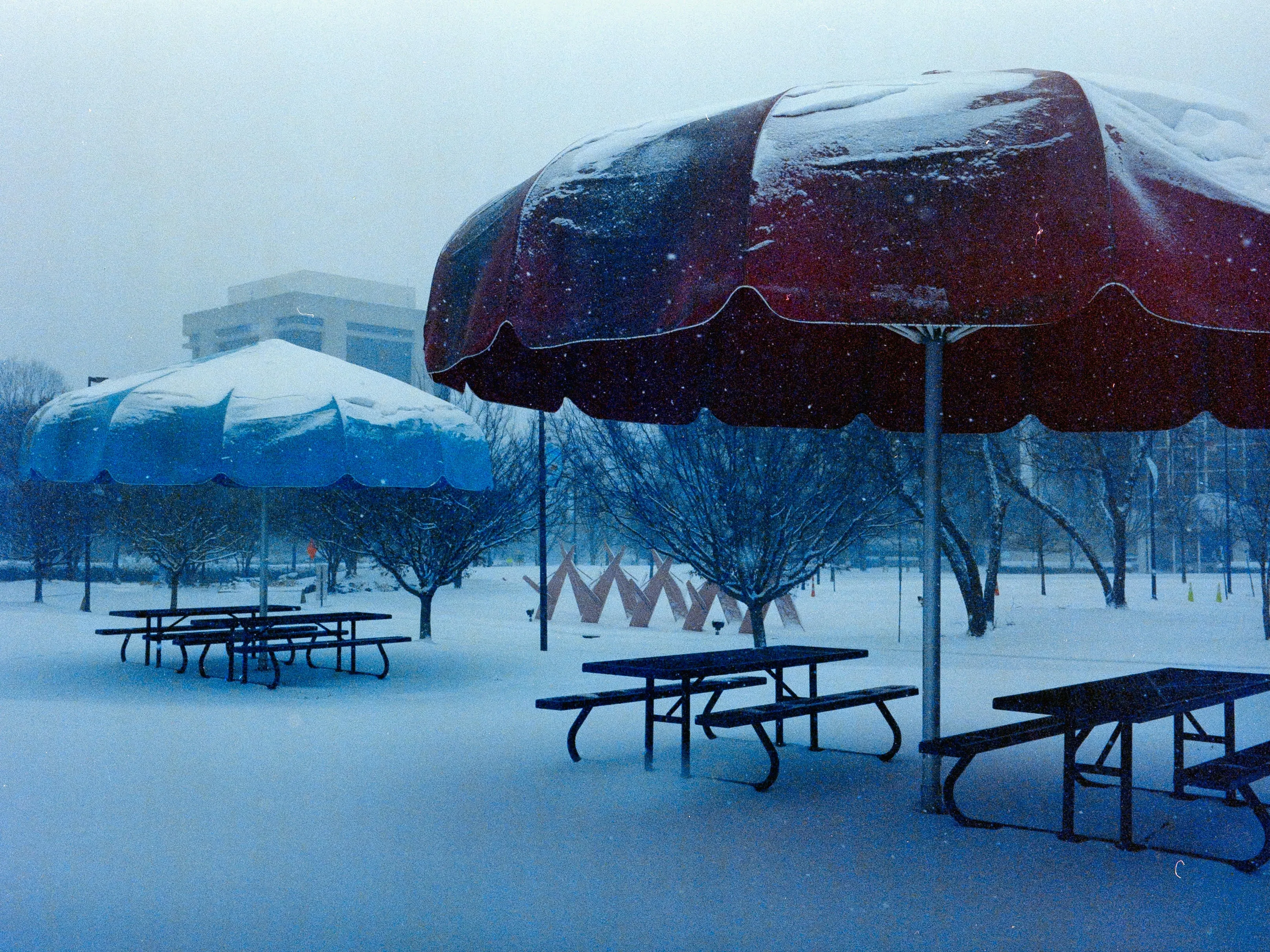 Snowy plaza with red and blue umbrellas over picnic tables, snowfall, misty building behind
